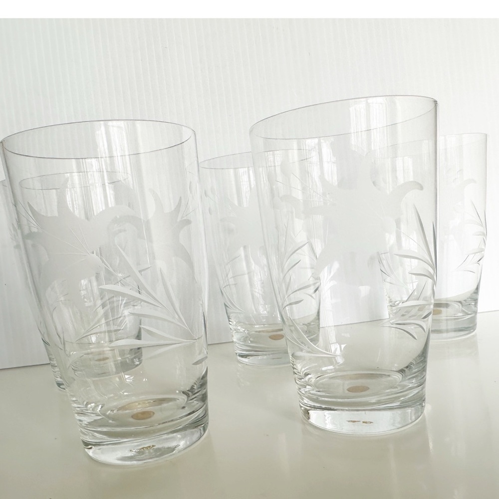 Vintage etched glass highball floral pattern made in Romania Set of 5 glasses